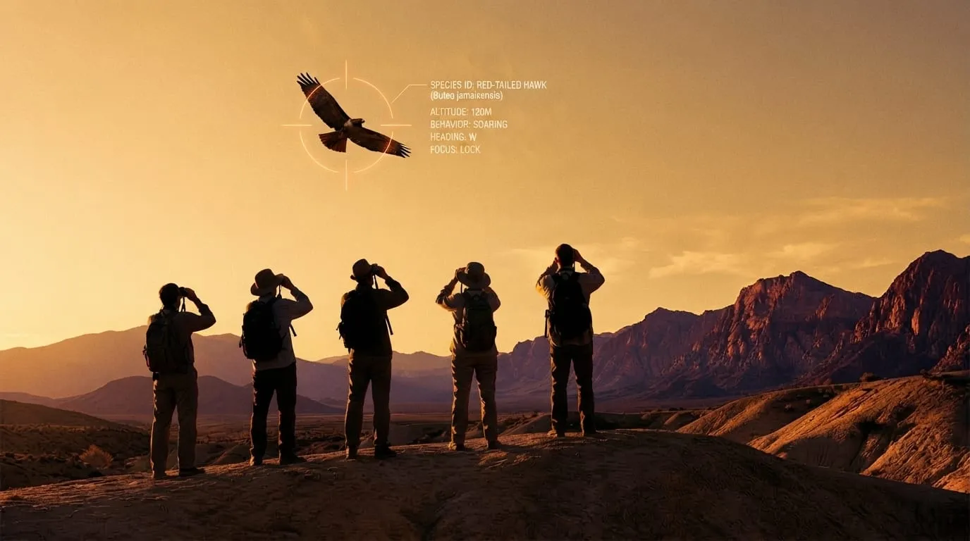 Five birders seen from behind on a desert ridge at sunset, binoculars raised toward a soaring hawk.