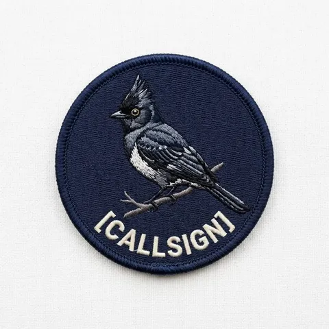 Embroidered navy patch with a crested jay and a blank callsign tab.