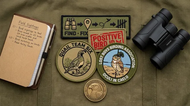 Club patches, a challenge coin, a field notebook, and binoculars laid out on olive canvas.